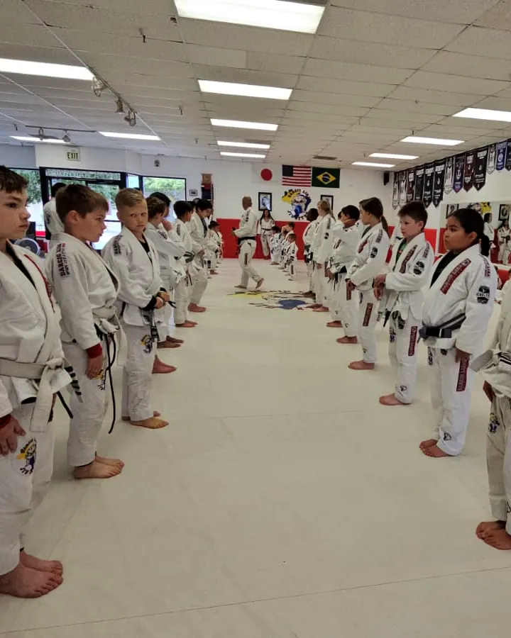 Kids lined up in formation on the mats at Darcio Lira BJJ